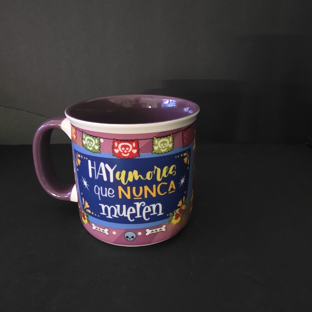 Purple Dia de los Muertos Ceramic Mug with Spanish Phrase